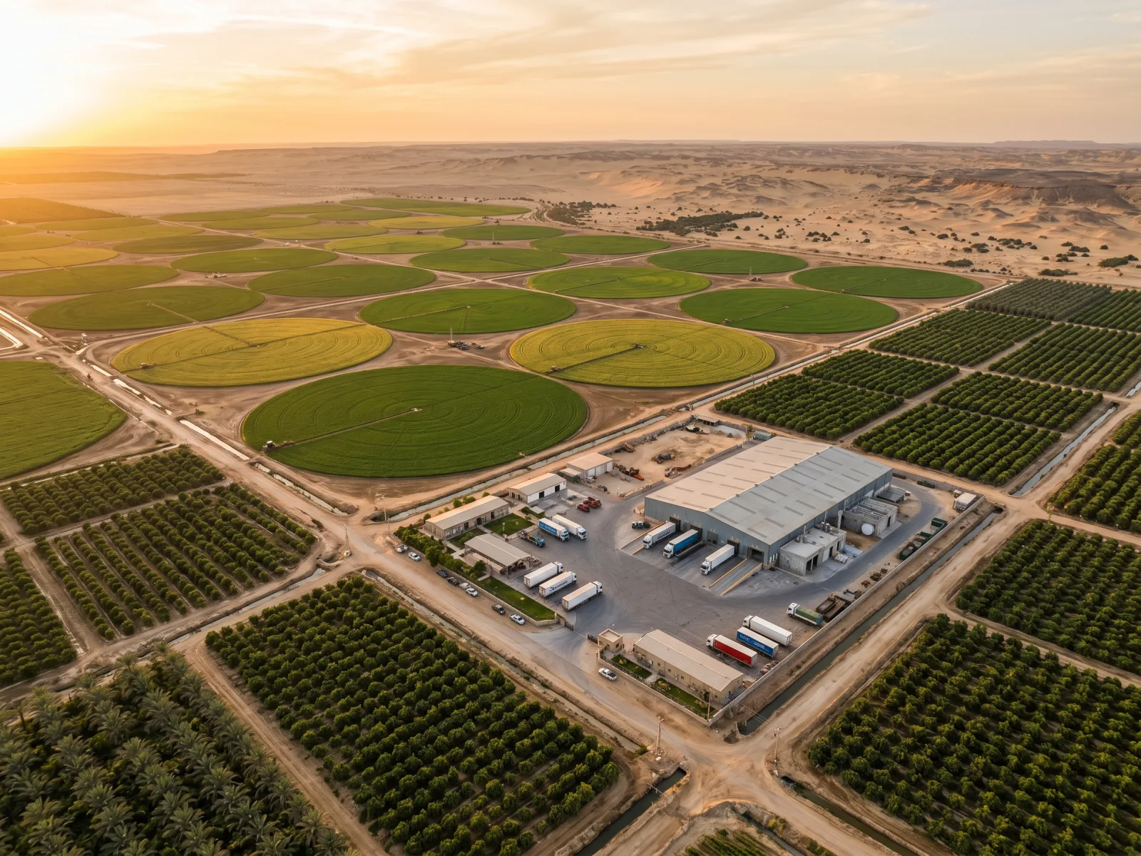 Modern Egyptian reclaimed-land agriculture — pivot-irrigated orchard blocks